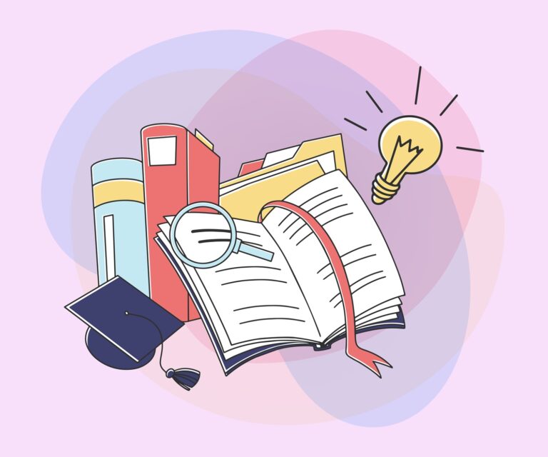 Open book with bookmark and magnifying glass